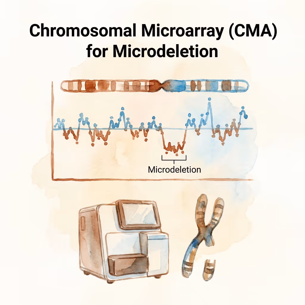 Chromosomal microarray CMA prenatal testing diagram showing microdeletion and microduplication detection, illustration by SMART NT