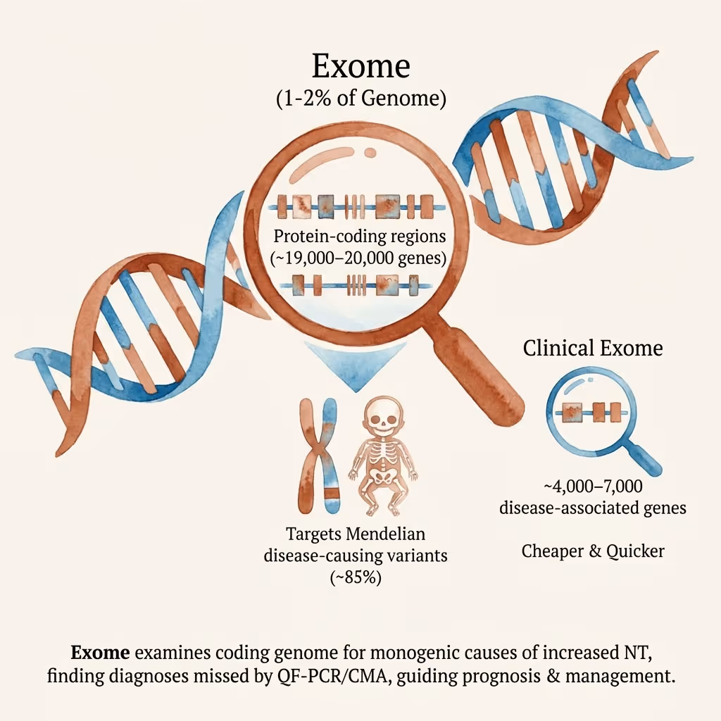 Exome sequencing prenatal testing illustration showing chromosomal structure and gene variant analysis, illustration by SMART NT