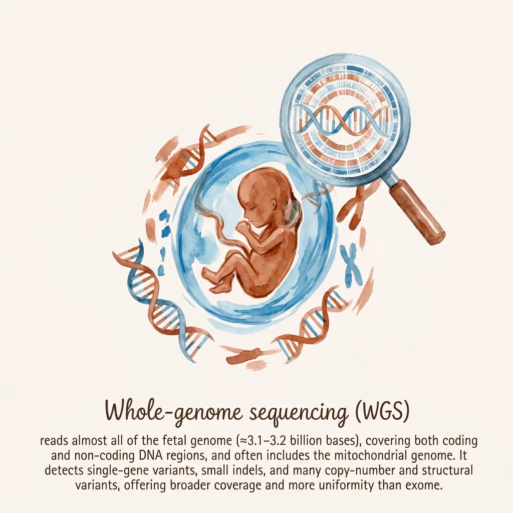 Whole-genome sequencing WGS prenatal testing illustration showing fetus with chromosomal analysis, illustration by SMART NT