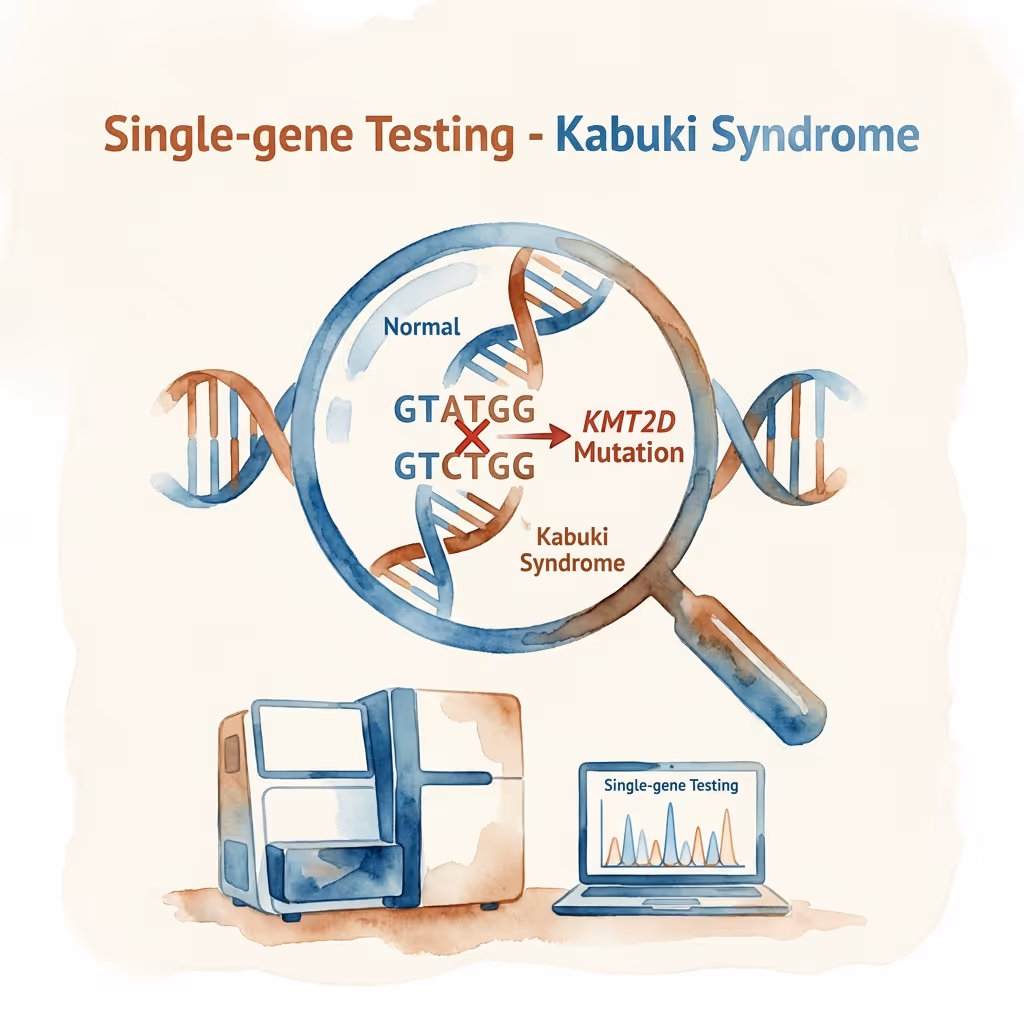 Single-gene disorder prenatal testing infographic showing Kabuki Syndrome genetic markers and diagnostic pathway, illustration by SMART NT