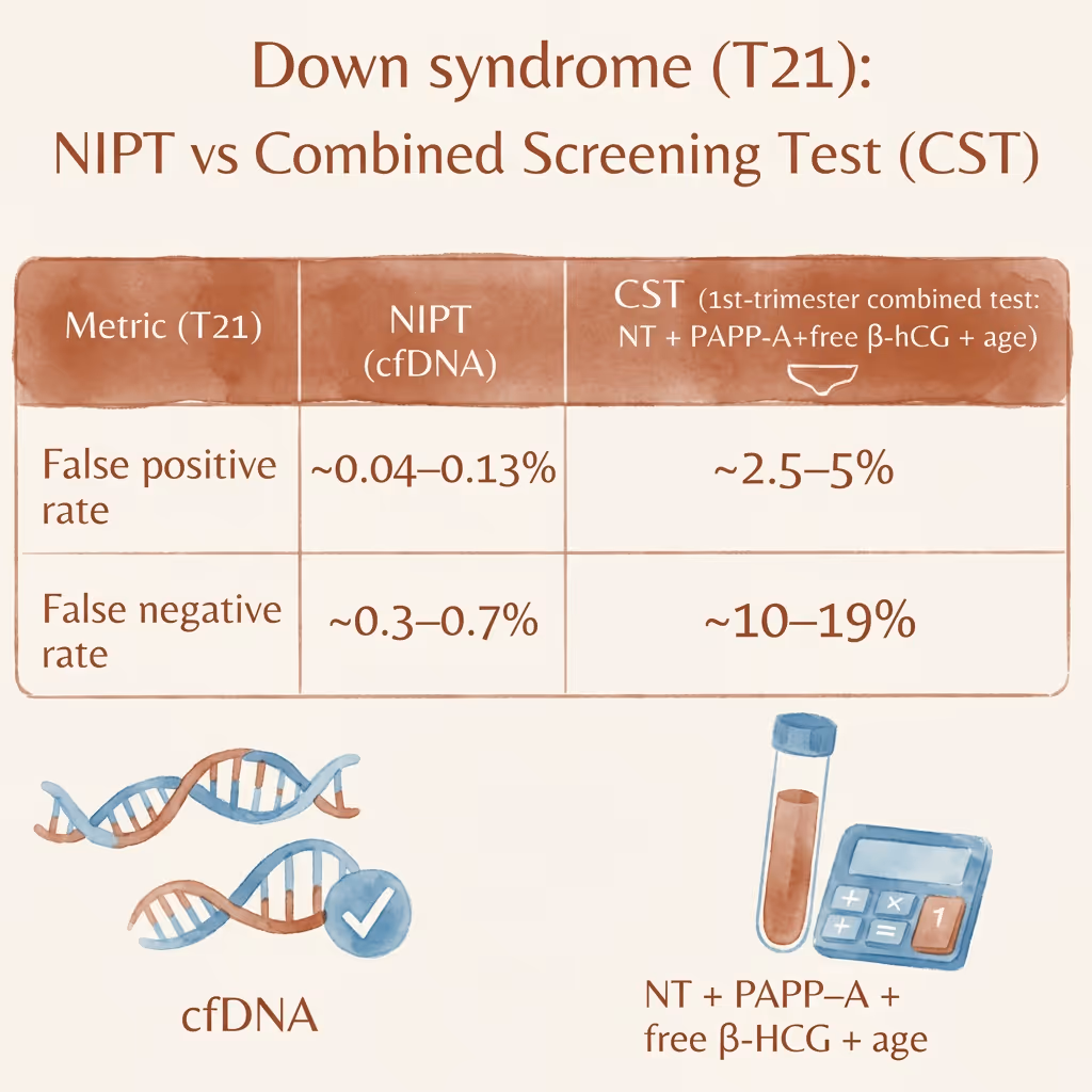 Comparison table of NIPT versus combined screening test for Down syndrome Trisomy 21 detection rates, illustration by SMART NT