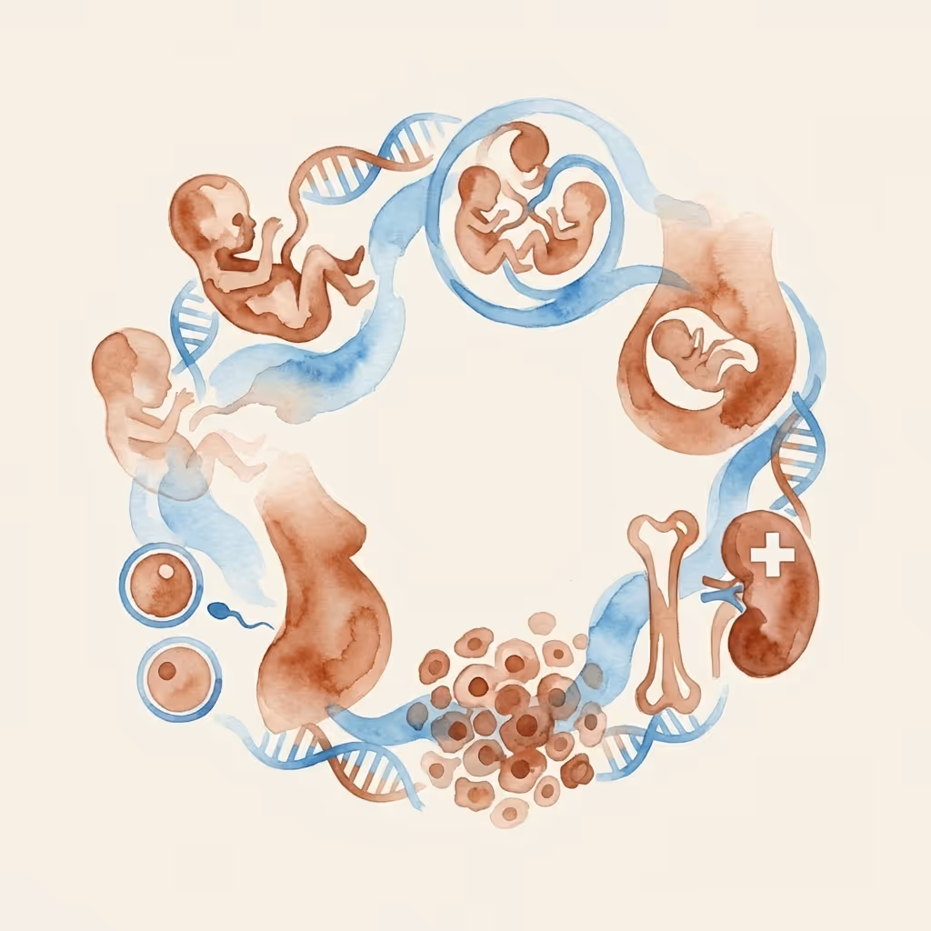Circular diagram of prenatal care cycle showing fetal development stages and screening milestones, illustration by SMART NT